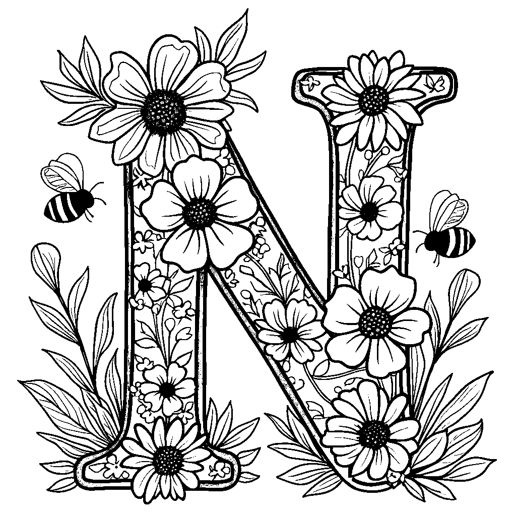 An outline of the letter N surrounded by flowers and bees.