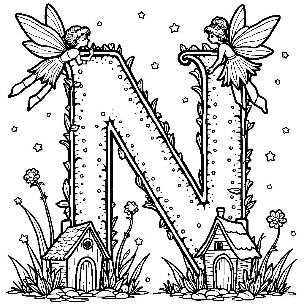 An outline of the letter N with tiny fairies dancing around it.