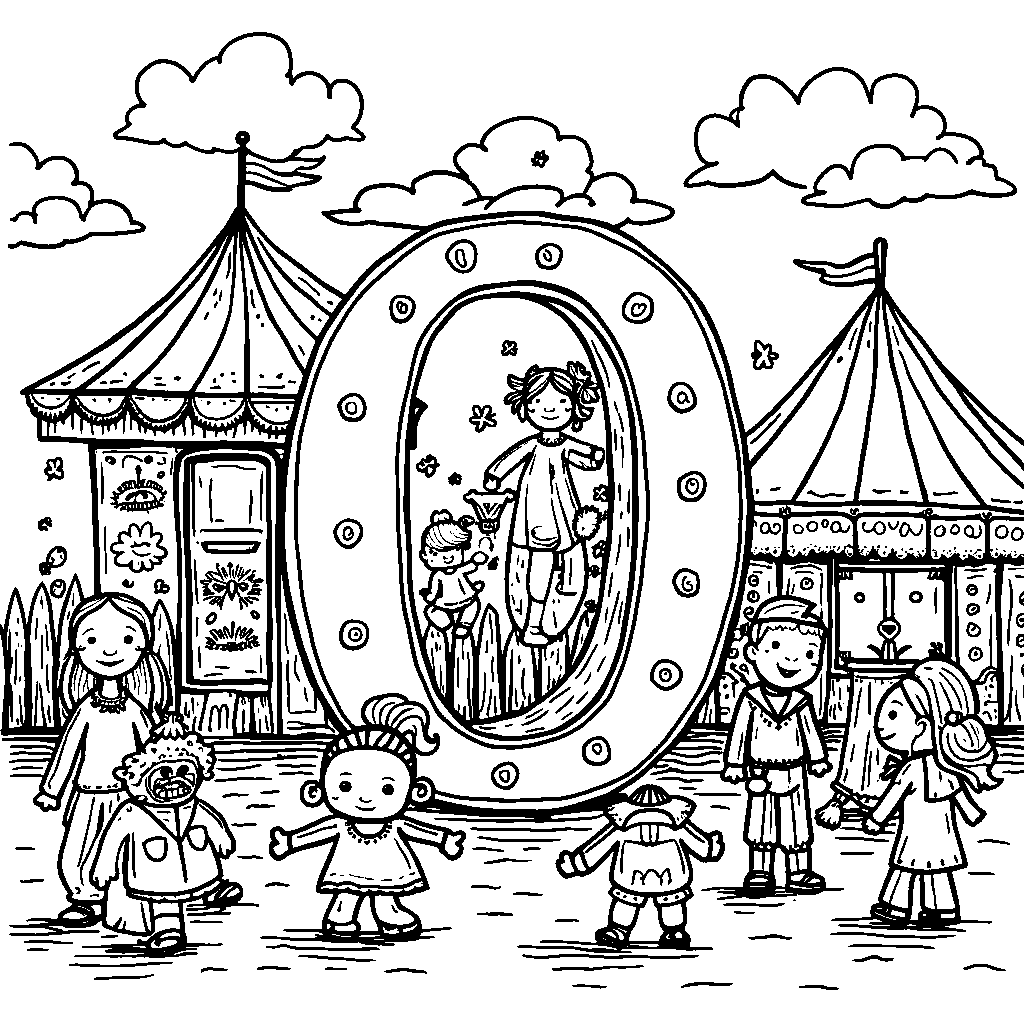 A colorful carnival setting featuring the letter O as a funhouse