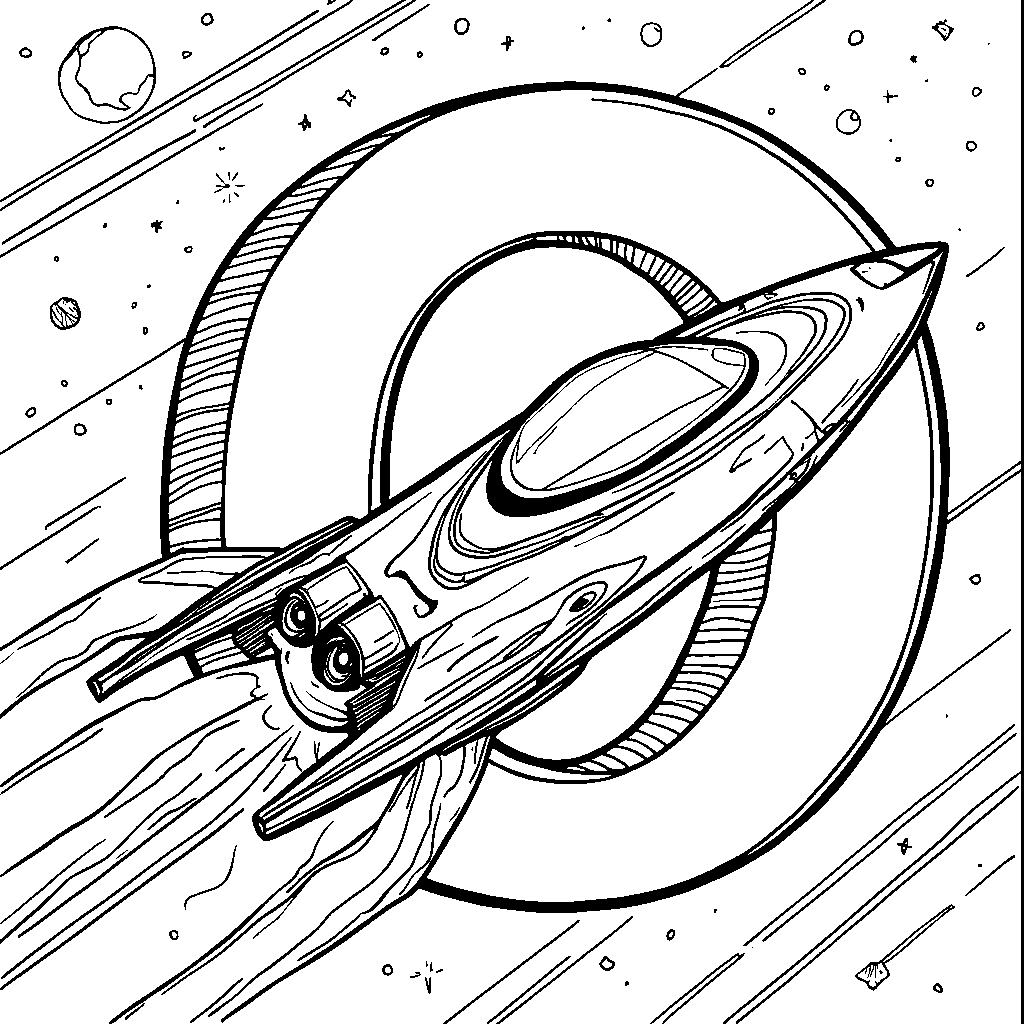 A futuristic O shaped like a spaceship zooming through space