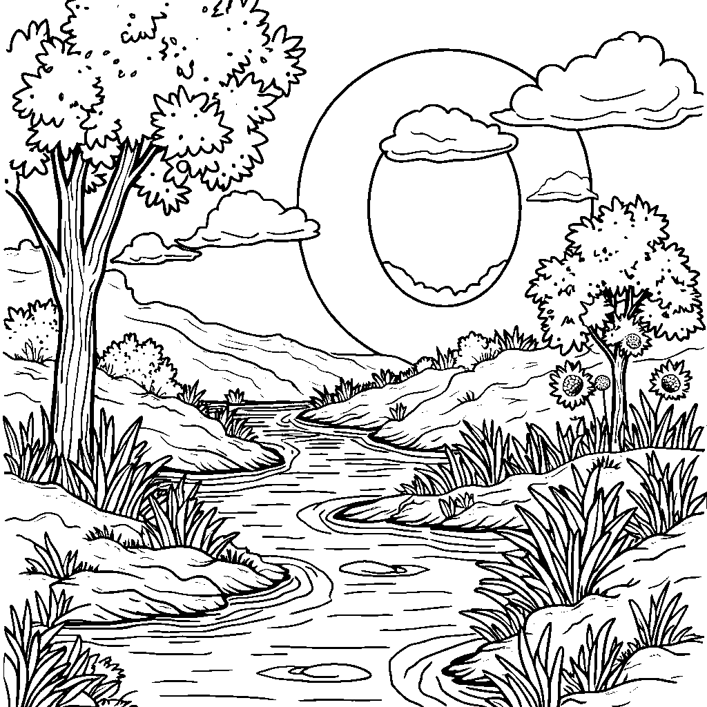 A nature scene with the letter O represented as a flowing river