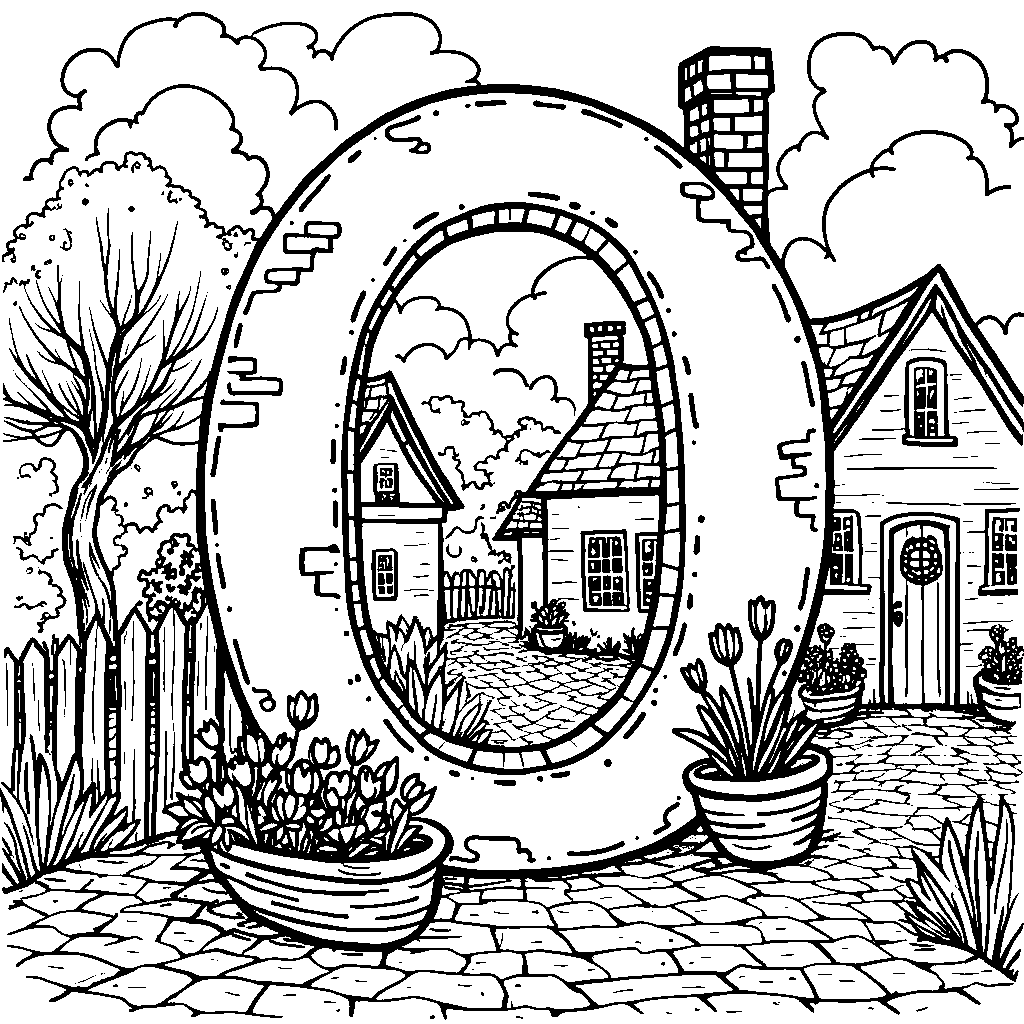 A quaint village scene with the letter O as a little cottage