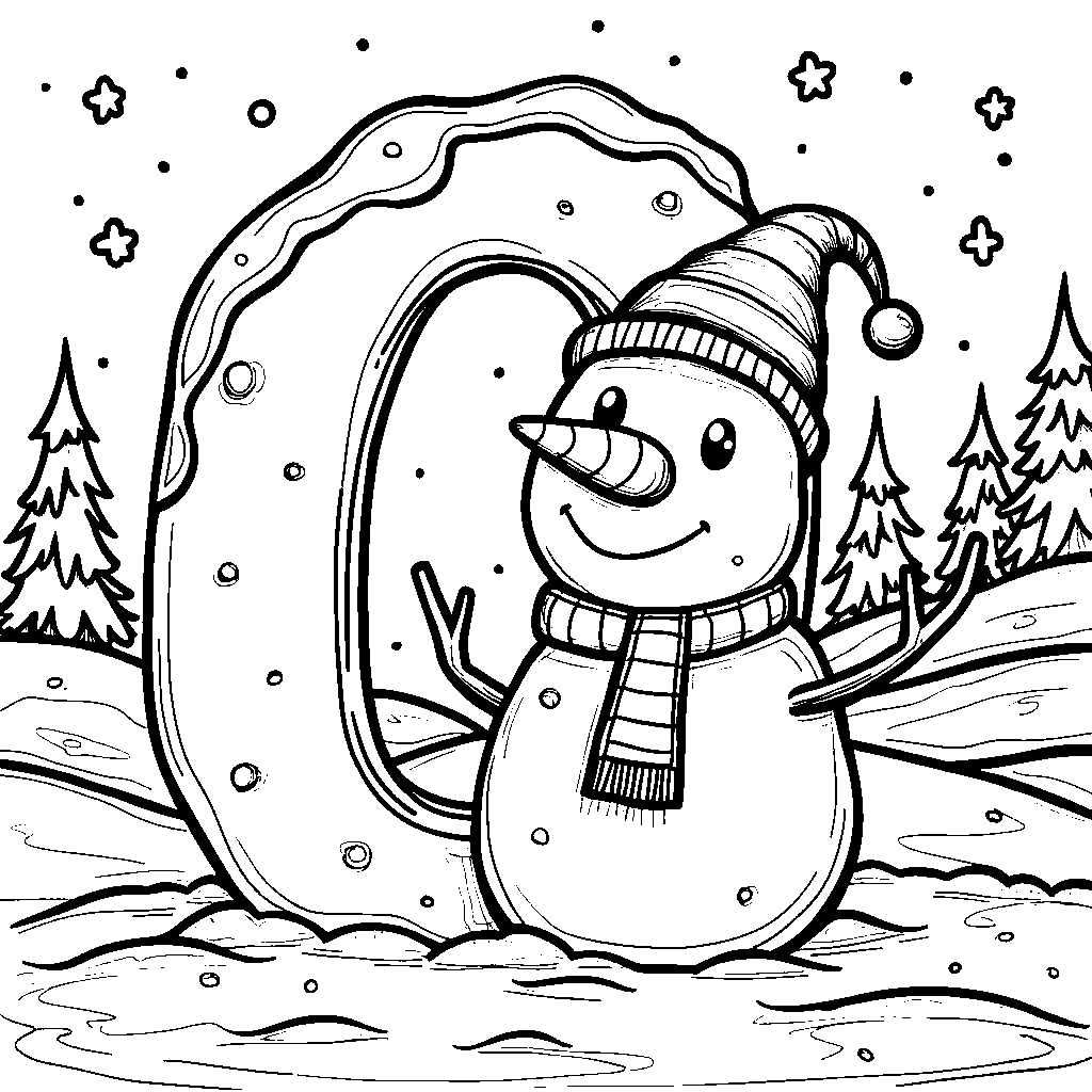 A snowy scene where the letter O is a snowman wearing a scarf.