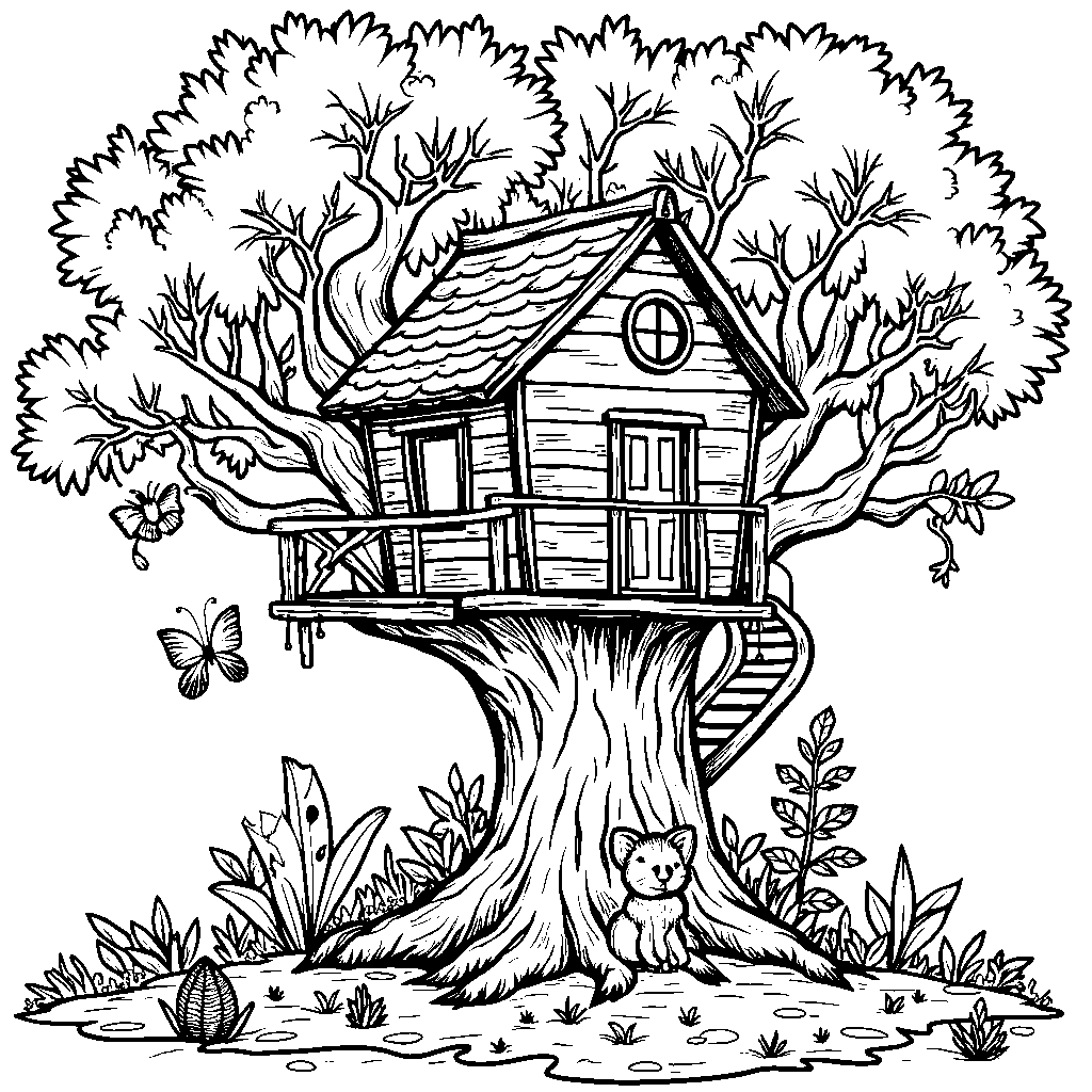 An adorable forest scene with the letter O as a cozy treehouse