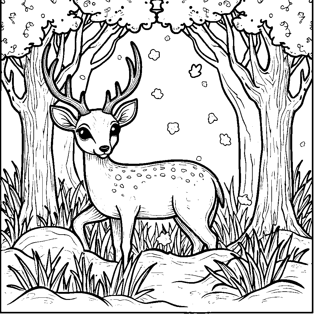 An enchanted forest with the letter O as a deer peeking out