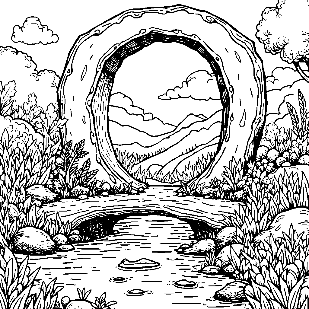 An imaginary world where the letter O is a bridge over a stream