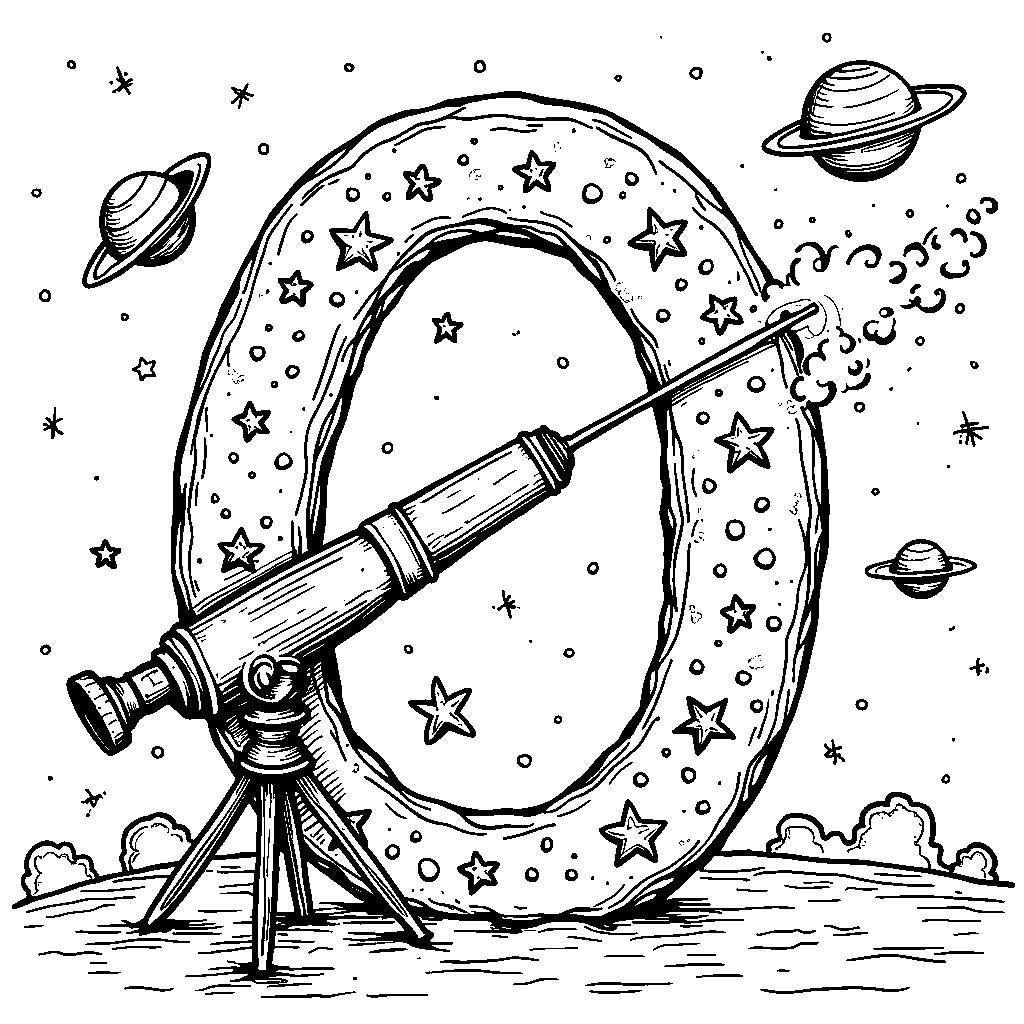 The letter O as an illustration of a telescope pointed at the stars