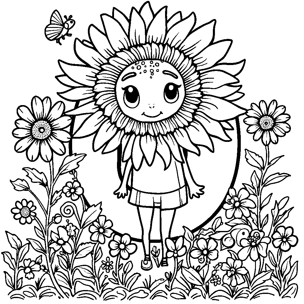 The letter O dressed as a cheerful sunflower in a garden