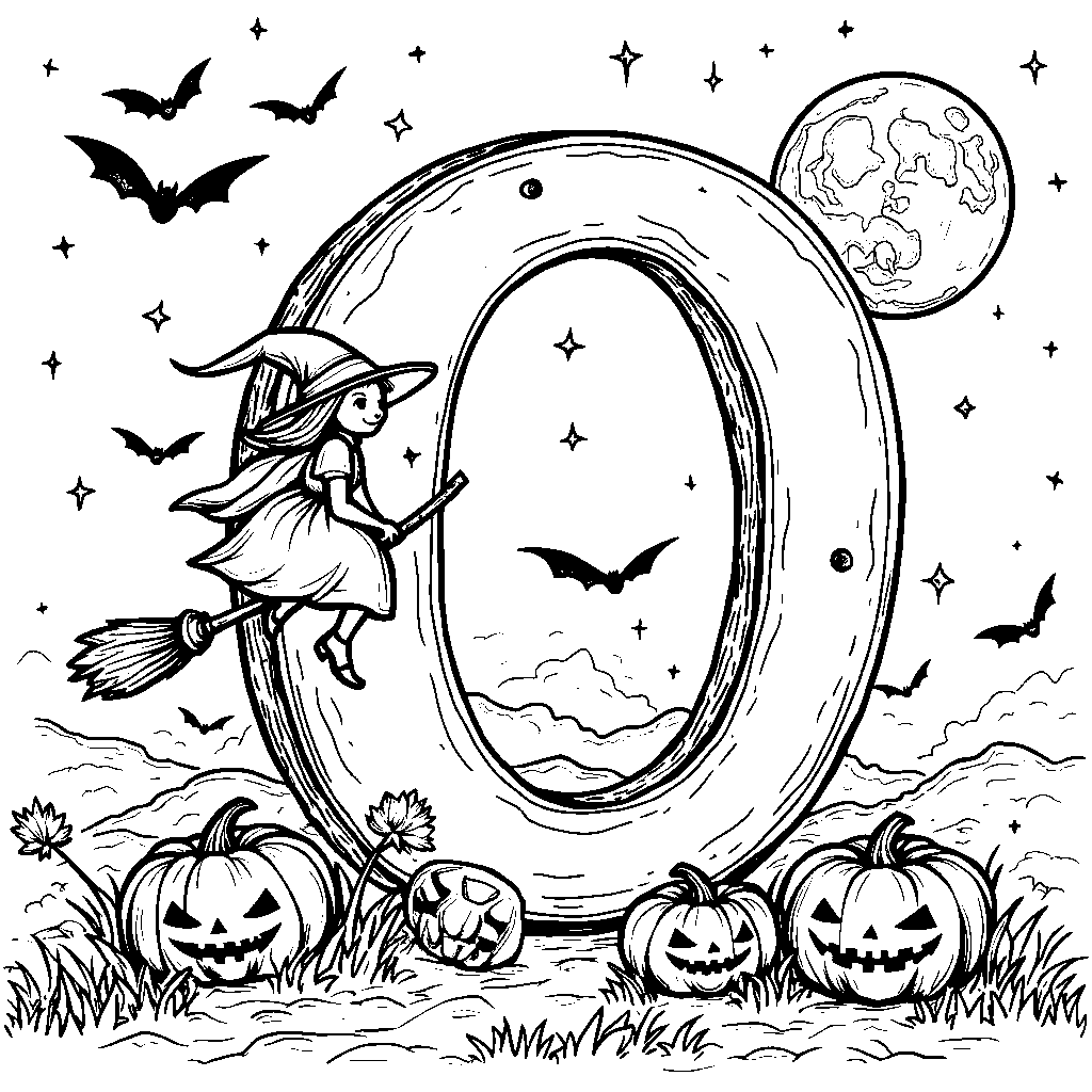 The letter O illustrated as a spooky full moon during Halloween