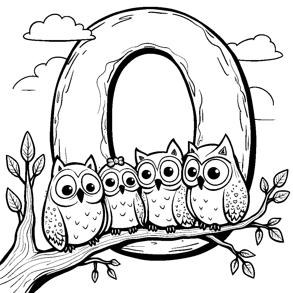 The letter O surrounded by a group of friendly owls sitting on a branch.