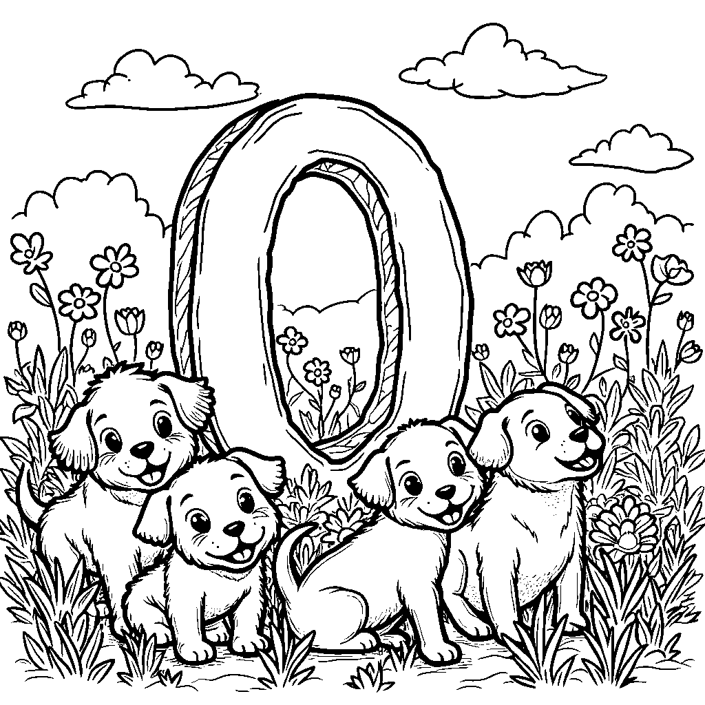 The letter O surrounded by playful puppies in a park