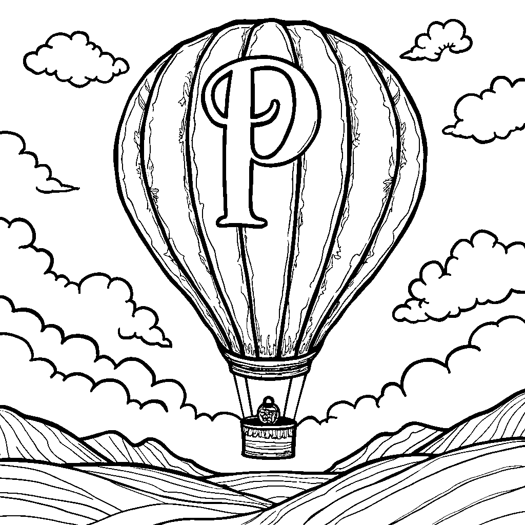 A colorful hot air balloon shaped like the letter P floating in the sky