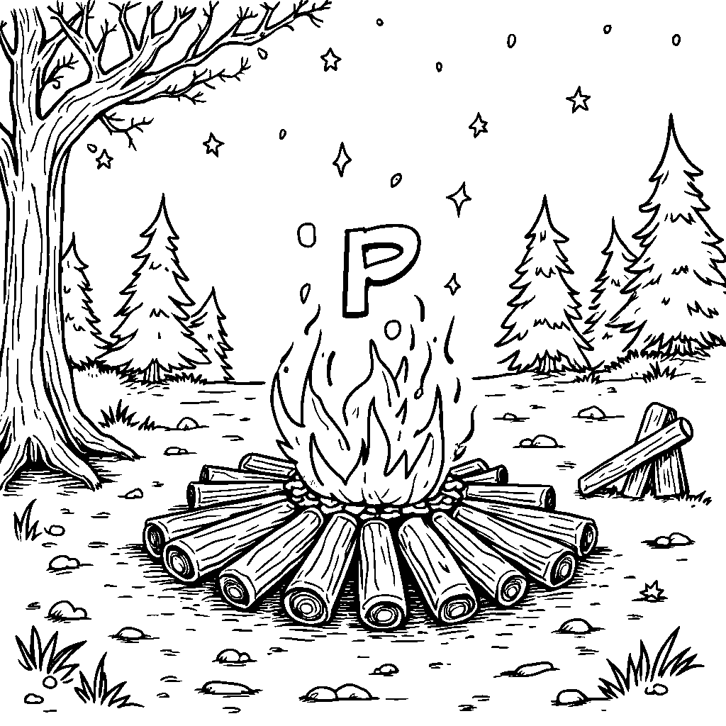 A cozy campfire scene with the letter P roasting marshmallows.