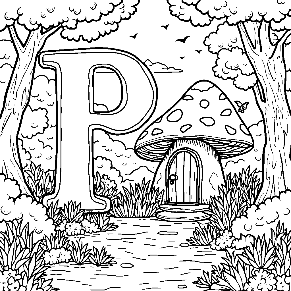 A fantasy landscape where the letter P is a mushroom with a door.