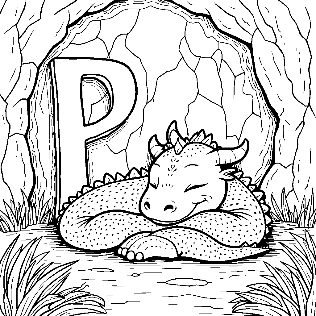 A friendly dragon sleeping next to a letter P in a cave