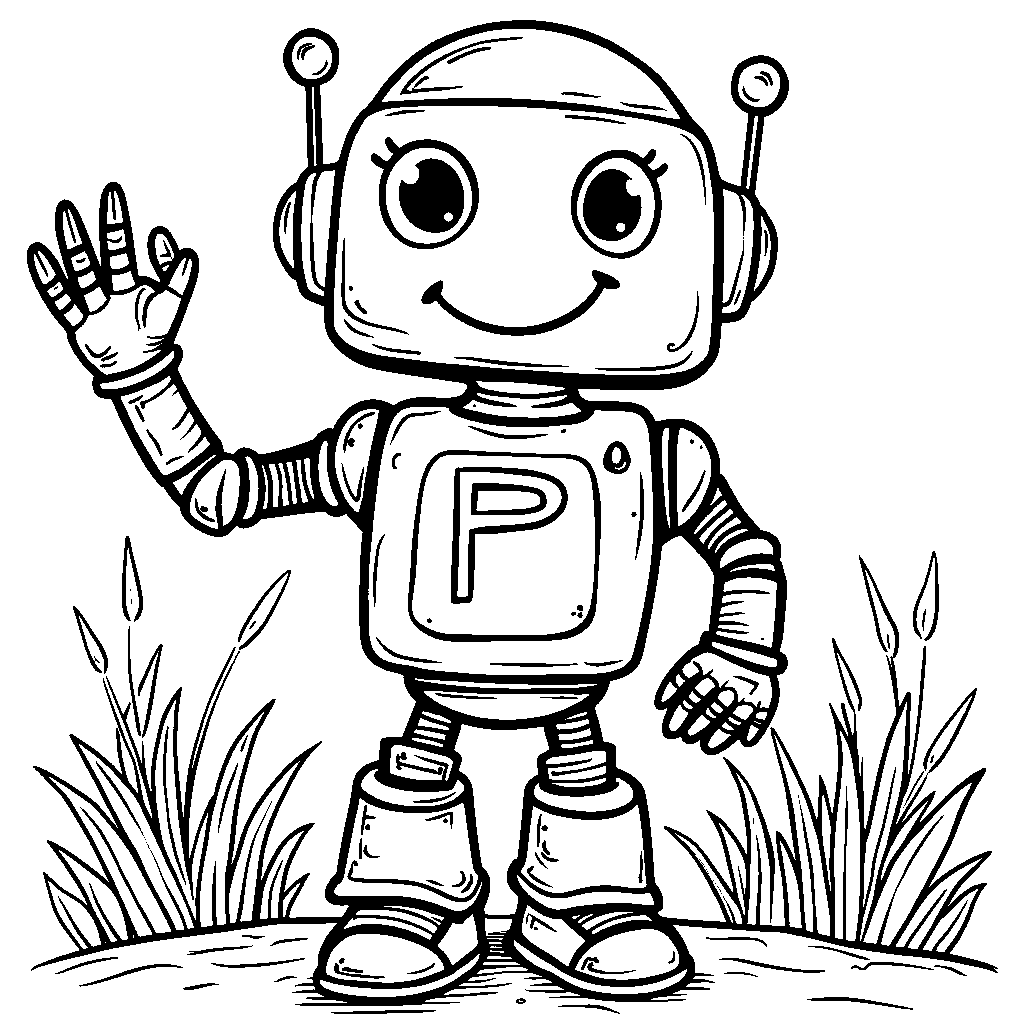 A friendly robot themed around the letter P.