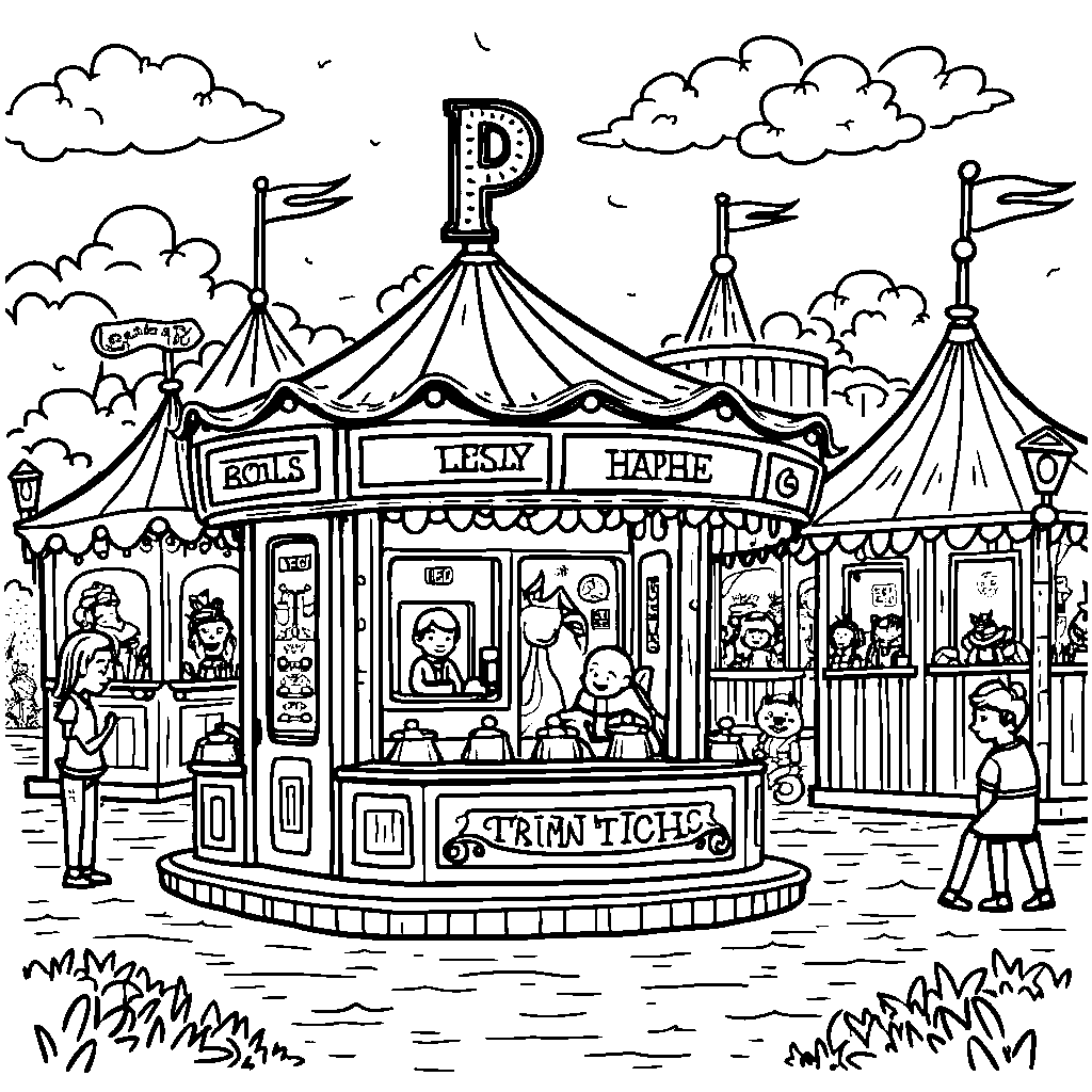 A fun carnival scene where the letter P is a ticket booth