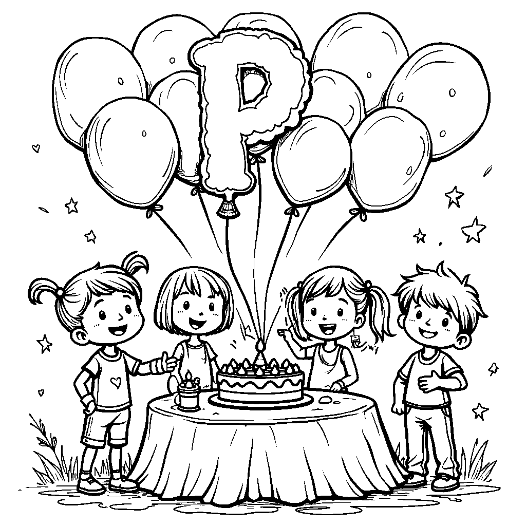 A letter P balloon floating above a birthday party