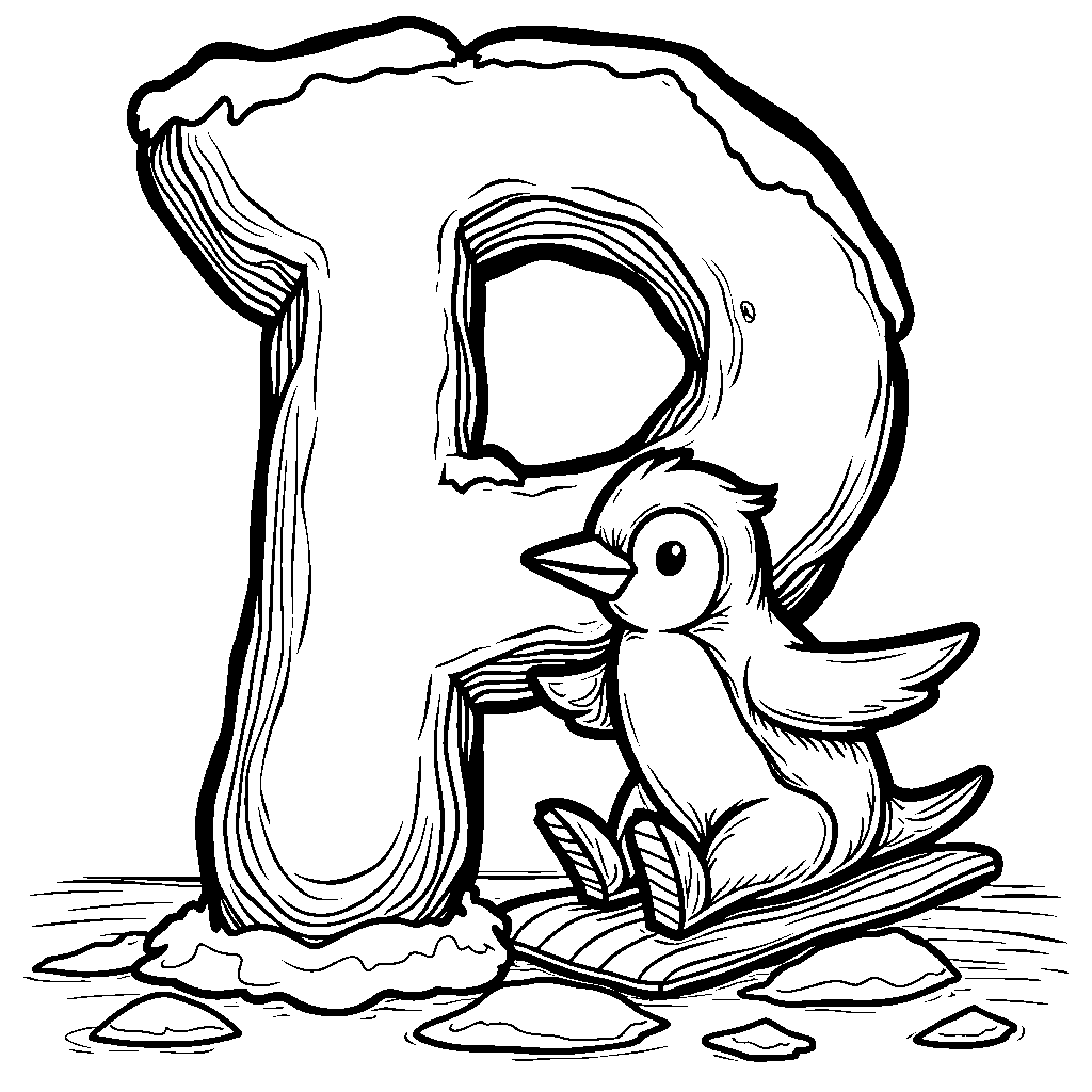 A letter P designed as a playful penguin sliding on ice.