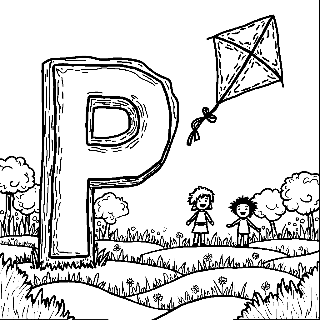 A letter P flying with colorful kites in a park.