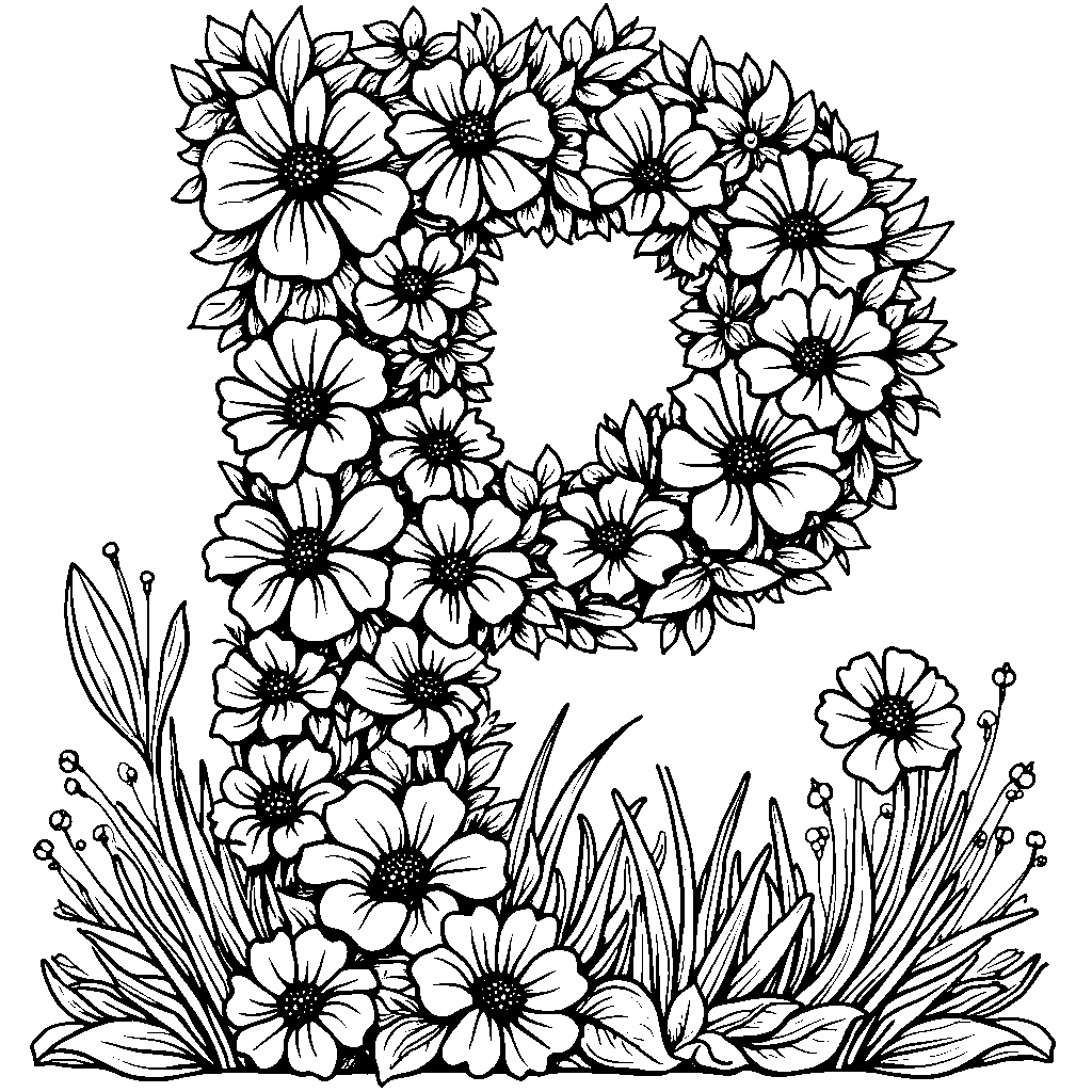 A letter P made out of bright flowers in a garden.