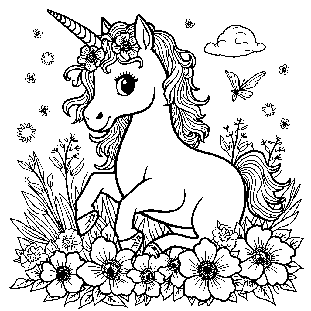 A magical unicorn adorned with flowers next to the letter P