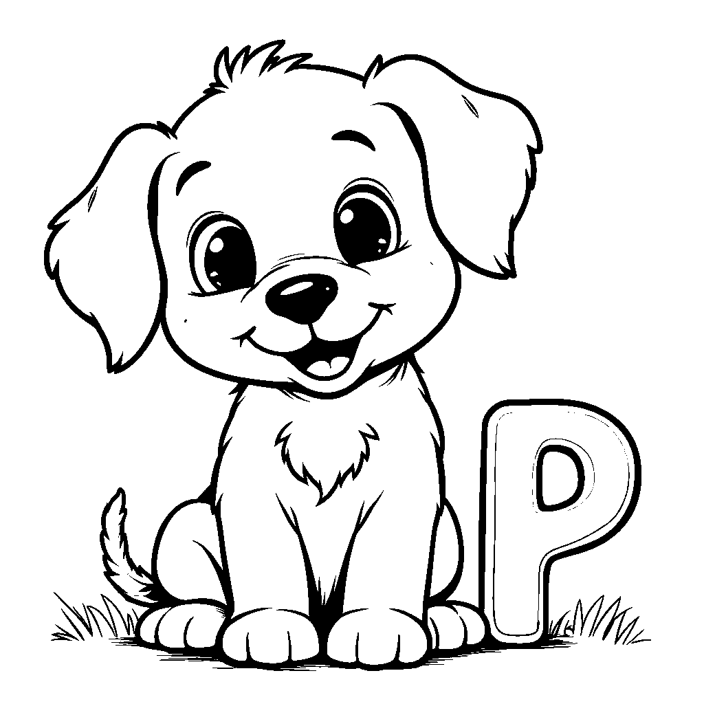 A playful puppy sitting next to the letter P, wagging its tail