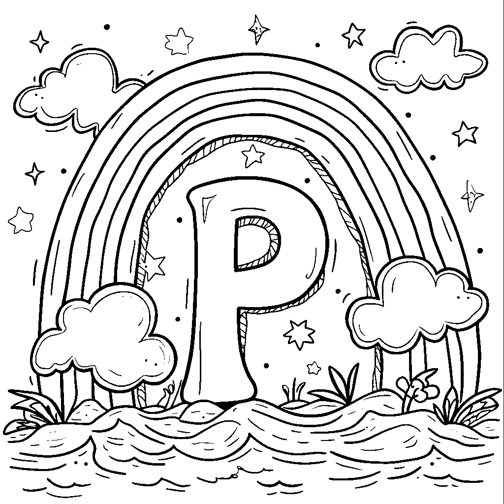 A rainbow arching over the letter P in a whimsical sky