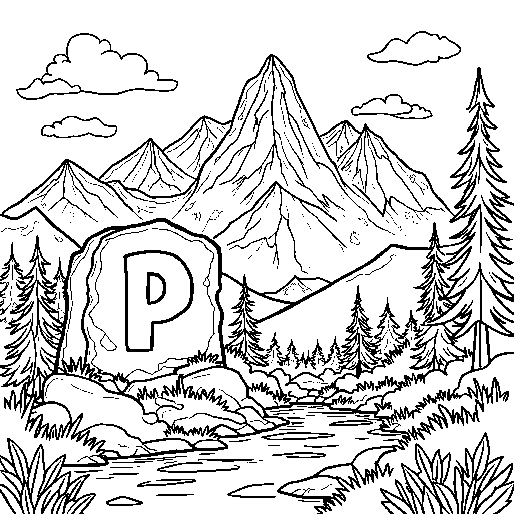 A scenic mountain landscape with the letter P carved into a rock