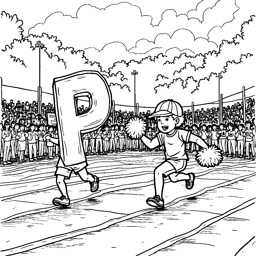 A sports day scene where kids are running and the letter P is cheering.