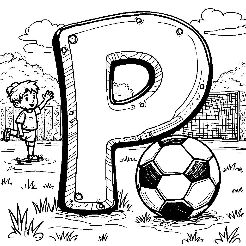 A sports theme where the letter P is a soccer ball rolling on a field