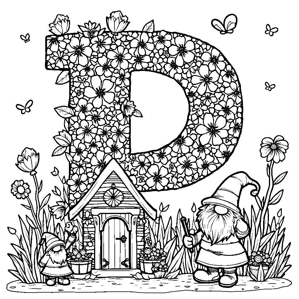 A whimsical garden with the letter P as a gnome's home