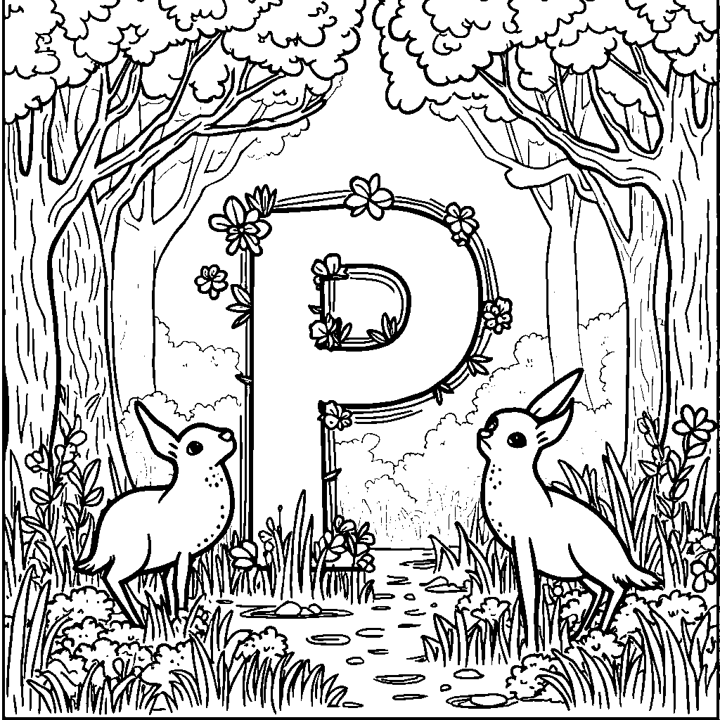 An enchanted forest full of magical creatures and the letter P.