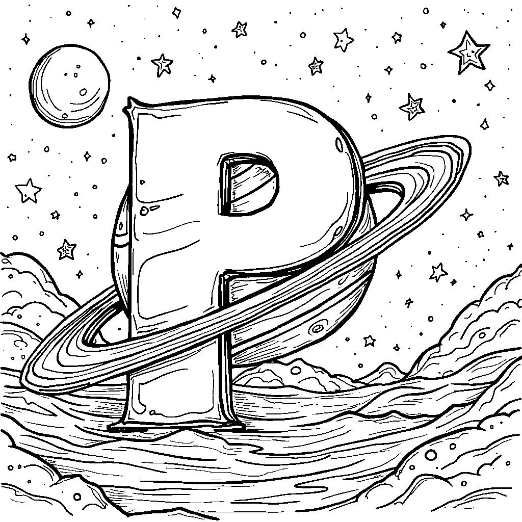 An outer space scene with the letter P as a planet with rings