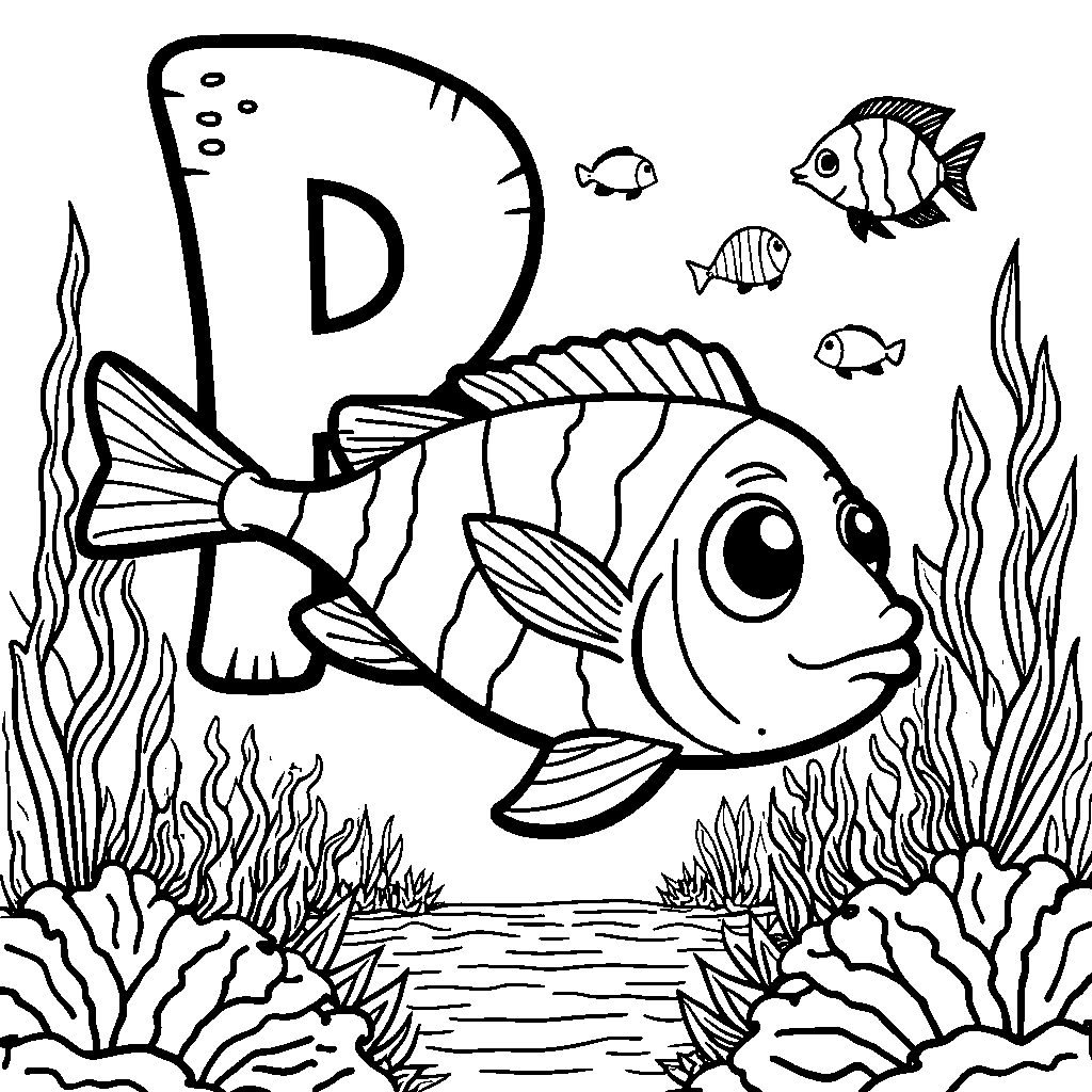 An underwater scene with the letter P as a friendly fish swimming near coral