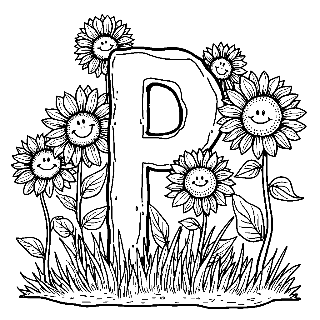 The letter P among tall, animated sunflowers with faces.