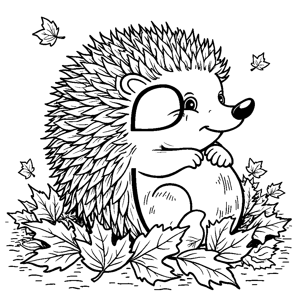 The letter P as a cute hedgehog rolling in a pile of leaves.