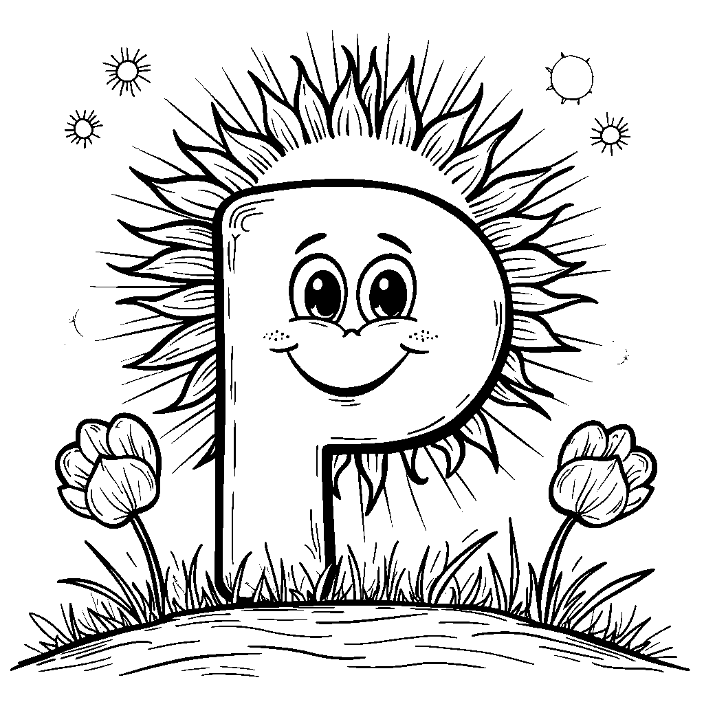 The Letter P as a Friendly Sun Character Shining Brightly