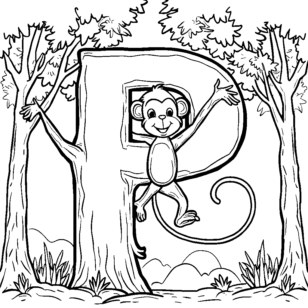 The letter P as a playful monkey swinging from tree branches