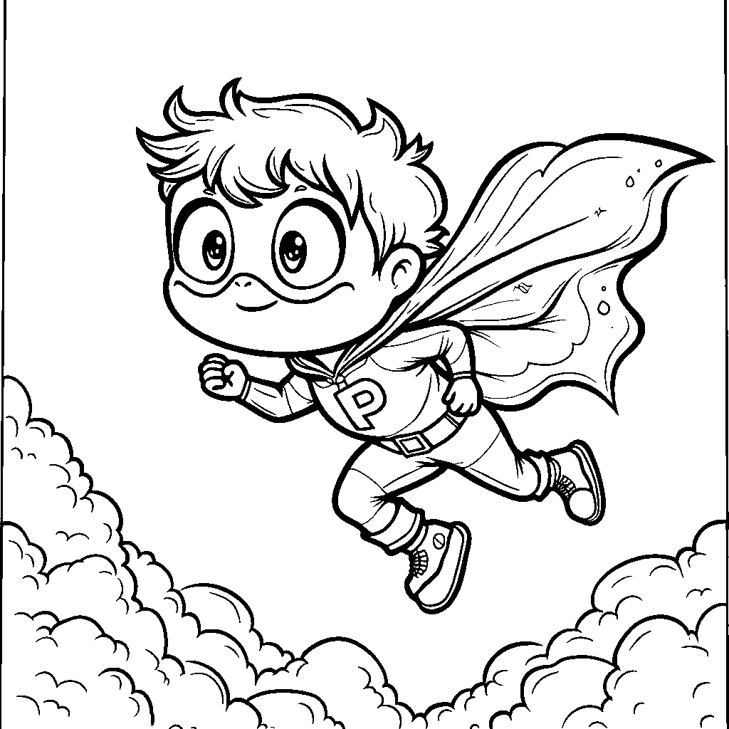 The letter P as a superhero flying through the sky with a cape