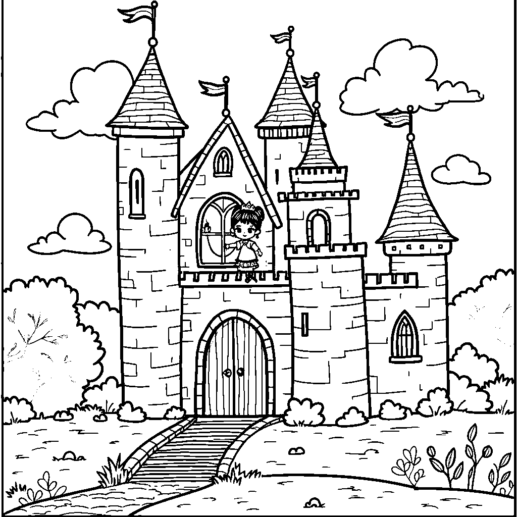 The letter P in a castle, with a tiny princess waving from the window