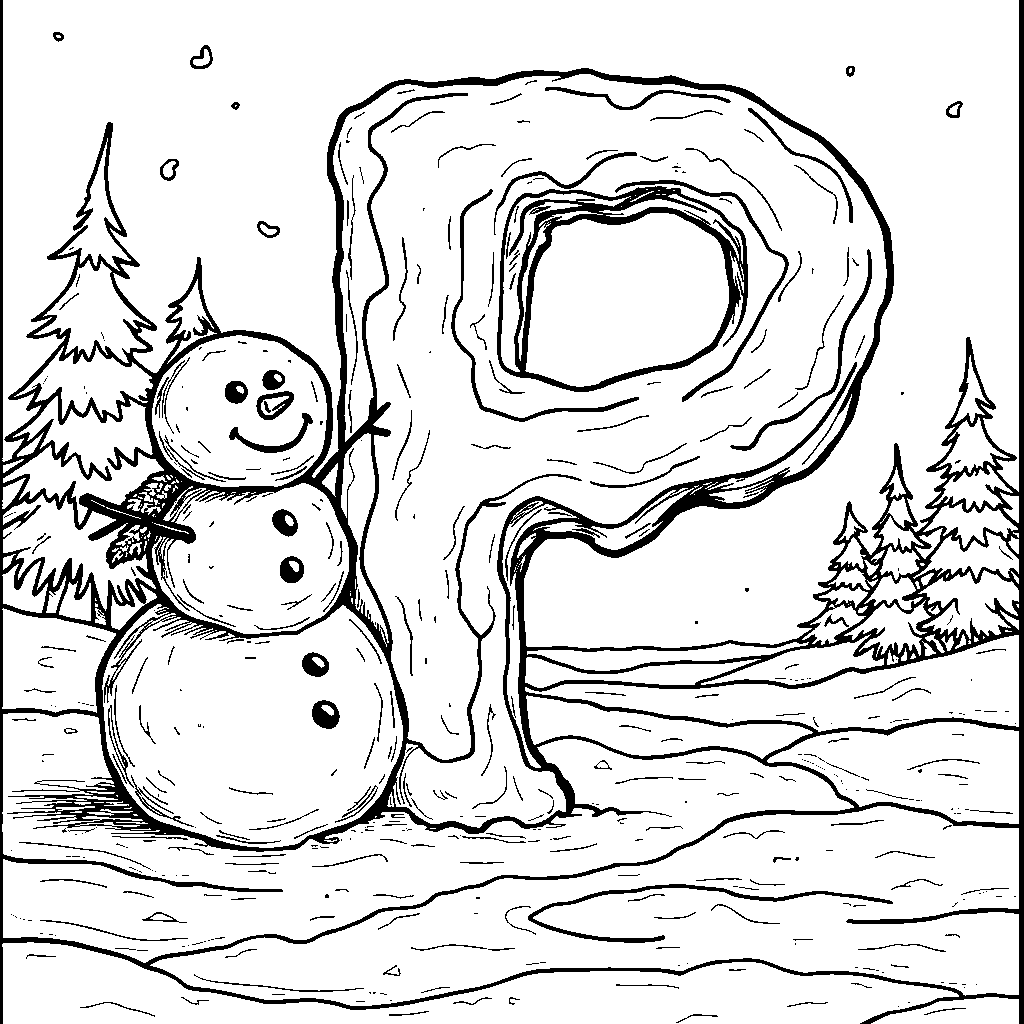 The letter P made of ice with a snowman standing beside it.