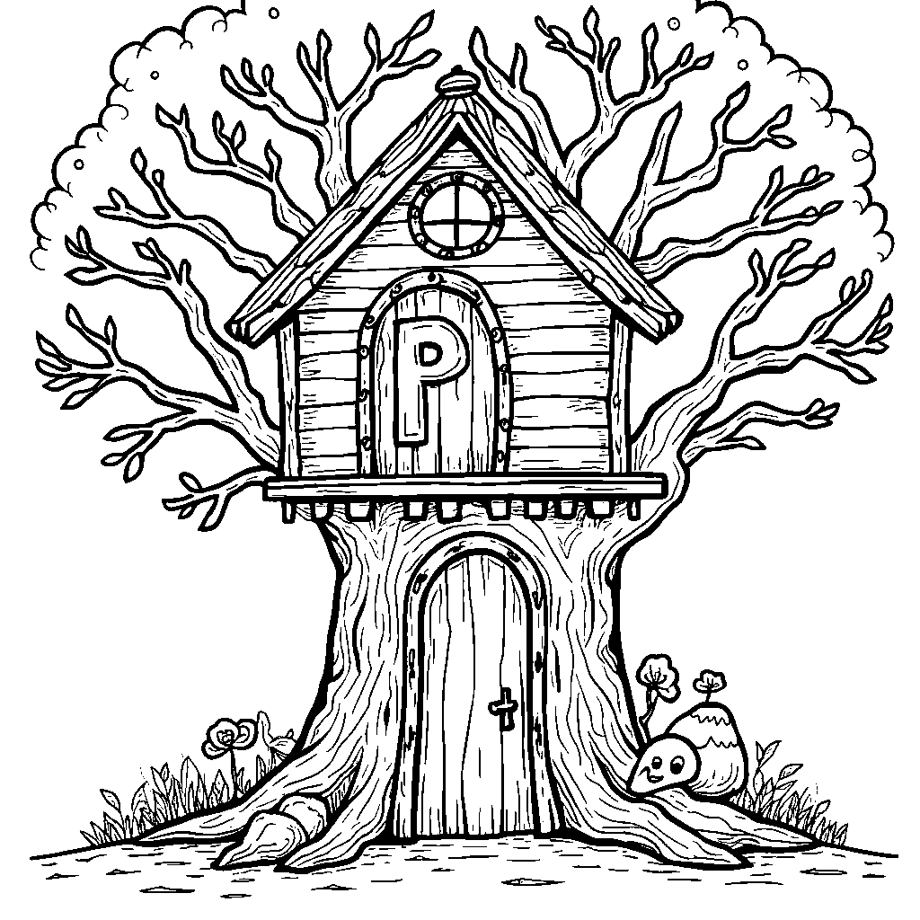 The letter P nestled in a cozy treehouse with tree branches around it