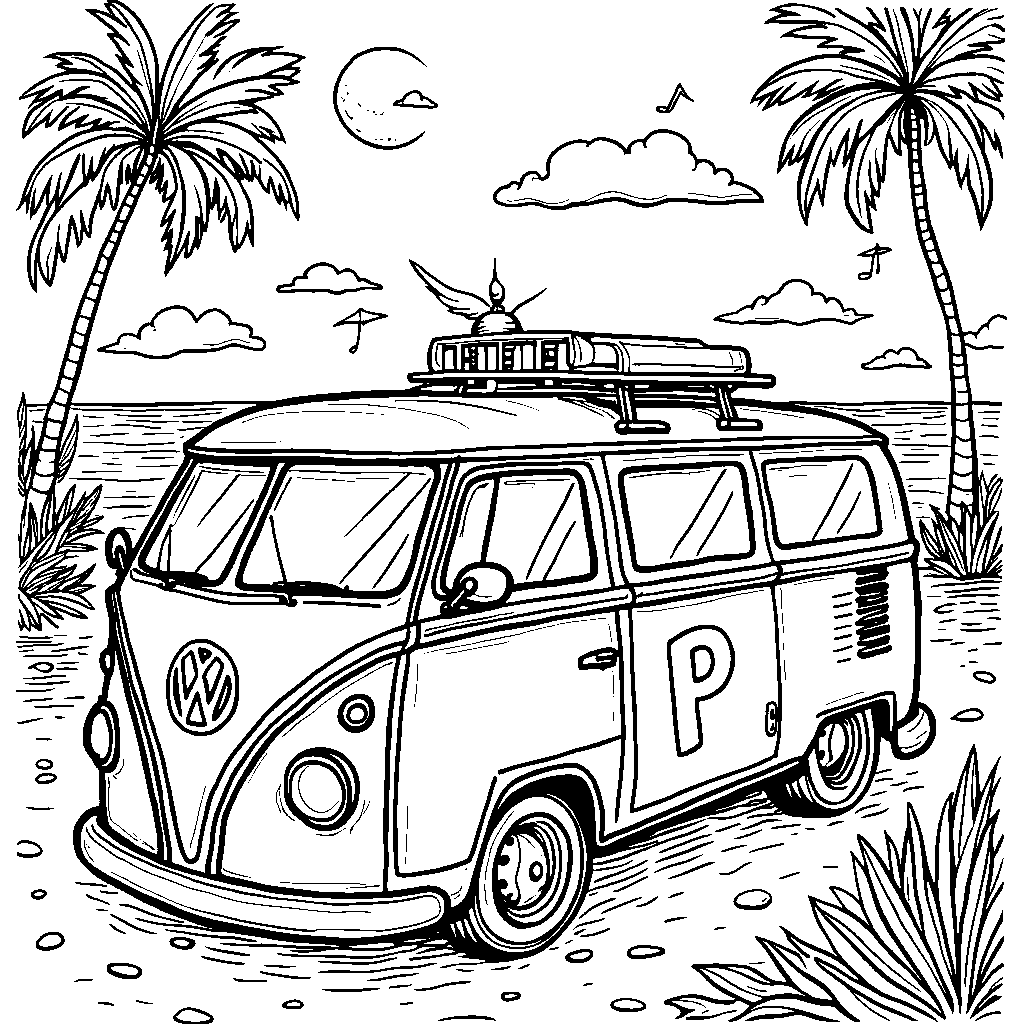 The letter P painted on a colorful van at a beach party