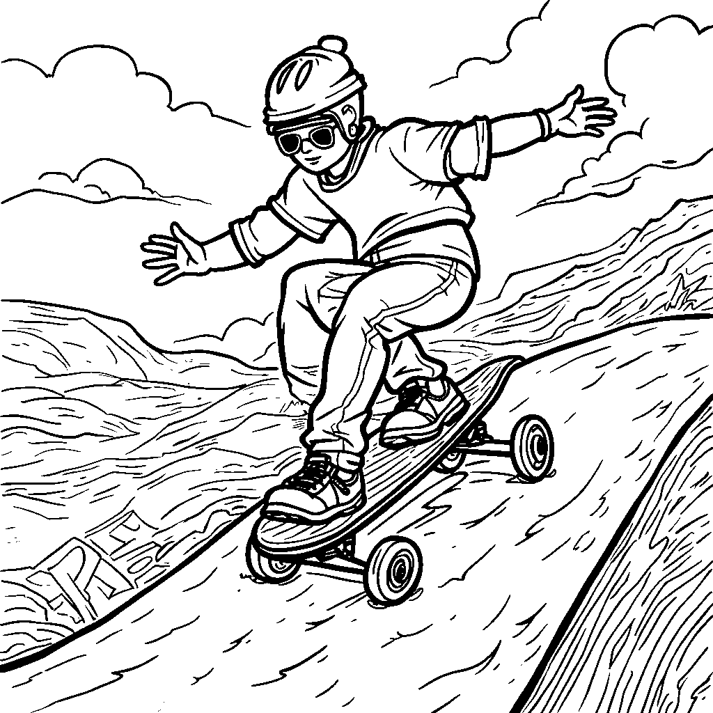 The letter P riding a skateboard down a hill