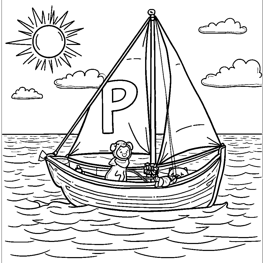 The letter P sailing in a boat on a sunny day