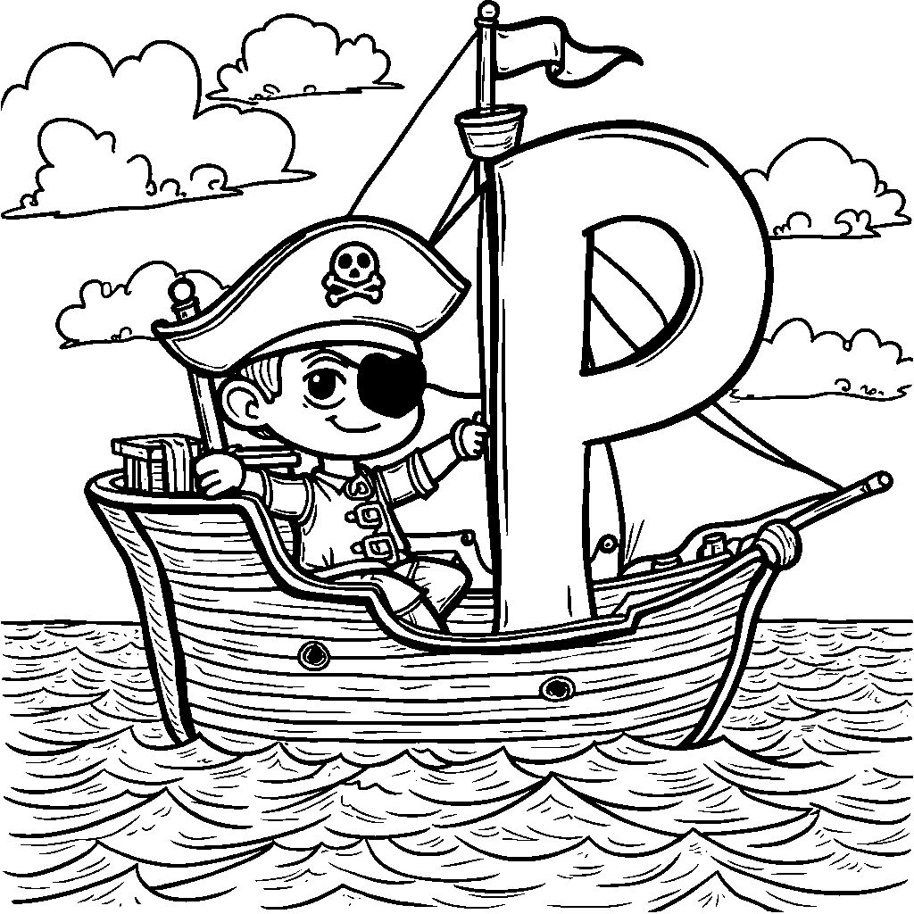 The letter P sailing on a pirate ship with treasure chests