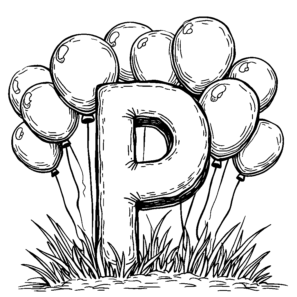 The letter P surrounded by colorful balloons floating upwards