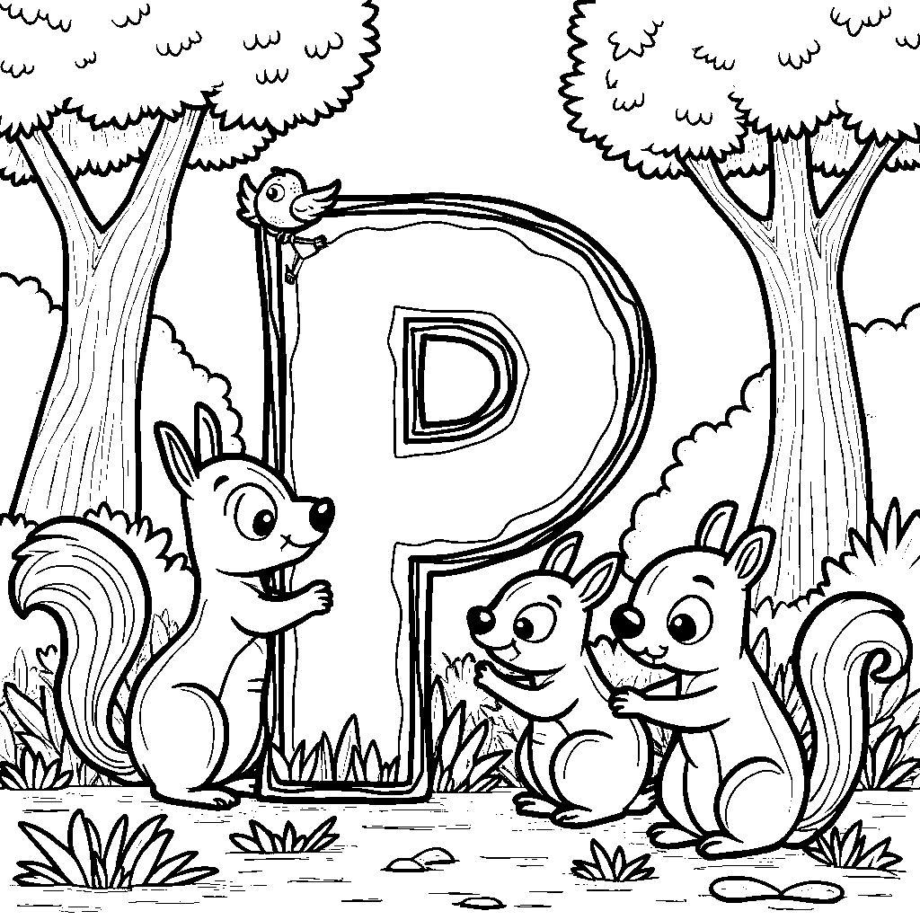 The letter P surrounded by cute cartoon animals in a forest.