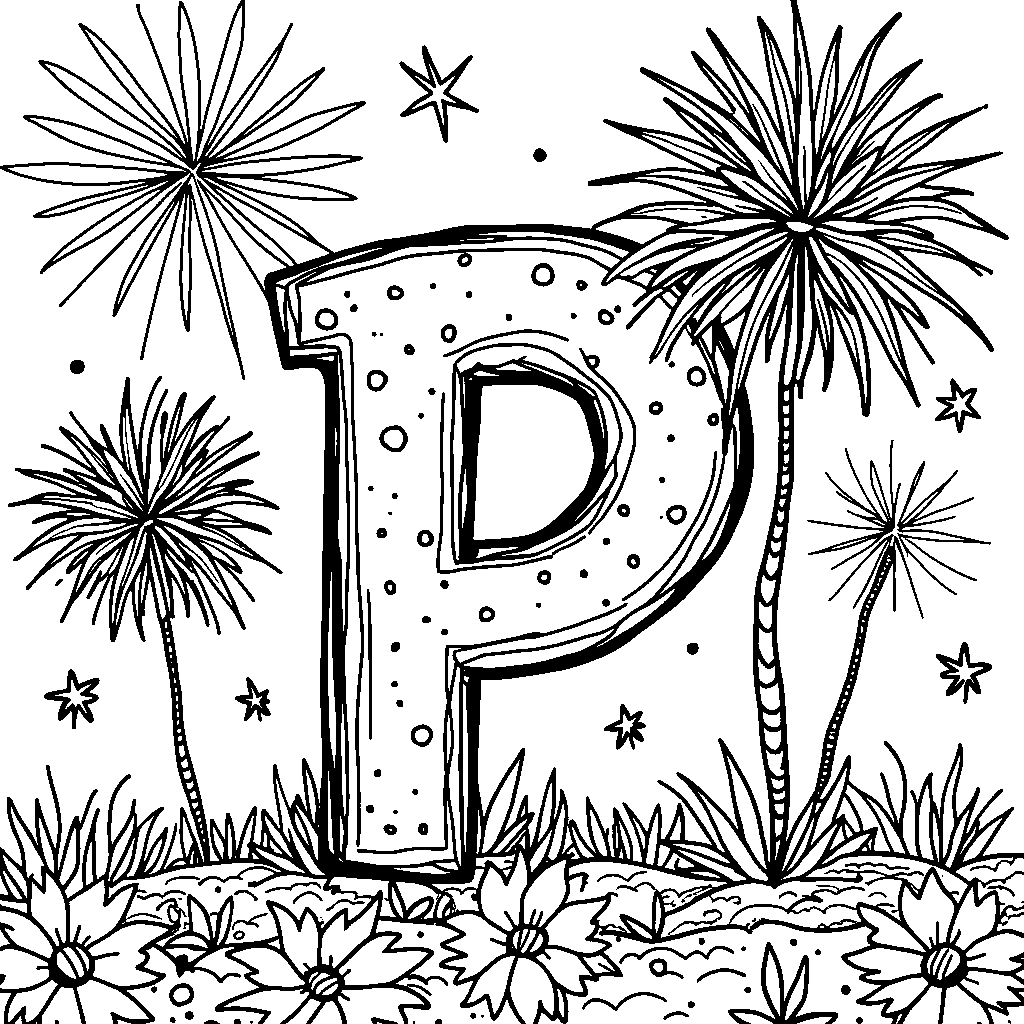 The letter P surrounded by fireworks in a festive atmosphere.